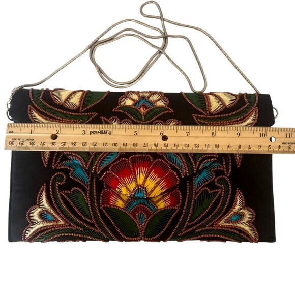 Embroidered Beaded Floral Clutch/Shoulder Bag By Ricki Designs Boho Detach Strap - Picture 6 of 7